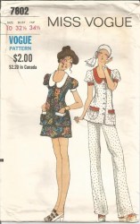 7802 MS VOGUE 1970 LONG SHORT SLEEVE TOP, MINI A-2 PIECE DRESS, PANTS PATTERN 10